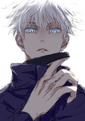 Rule 34 | 1boy, black blindfold, blindfold, blindfold down, blue eyes, commentary, gojou satoru, high collar, jujutsu kaisen, long sleeves, looking at viewer, male focus, nori20170709, parted lips, short hair, simple background, solo, white background, white hair
