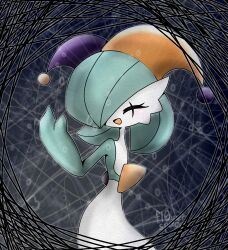 Rule 34 | 1girl, ^ ^, alternate color, artist name, blue hair, blue skin, bob cut, closed eyes, clothed pokemon, colored skin, creatures (company), facepaint, facing viewer, female focus, flat chest, game freak, gardevoir, gen 3 pokemon, grey background, grey outline, hair over one eye, hand up, happy, hat, highres, jester cap, multicolored clothes, multicolored hat, multicolored skin, nintendo, one eye covered, open mouth, pokemon, pokemon (creature), shiny pokemon, short hair, signature, smile, solo, standing, two-tone skin, white skin, yuri (fl0werspace)