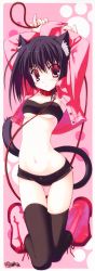 Rule 34 | 1girl, absurdres, animal ears, black hair, blush, breasts, cat ears, cat tail, collar, highres, leash, long image, midriff, nanao naru, navel, pink eyes, short hair, short shorts, shorts, solo, stick poster, strapless, tail, tall image, thighhighs, tube top, underboob