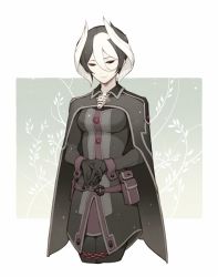 Rule 34 | 1girl, black cape, black eyes, black gloves, black hair, black jacket, black pants, cape, closed mouth, cowboy shot, cropped legs, gloves, hair between eyes, jacket, made in abyss, multicolored hair, own hands together, ozen, pants, short hair, smile, solo, standing, two-tone hair, whistle, white hair, yue (kingdom1259)