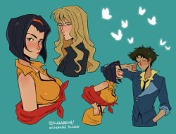 Rule 34 | 1boy, 2girls, bare arms, bare shoulders, black hair, blonde hair, blush, breasts, bug, butterfly, collared shirt, cowboy bebop, cowboy shot, cropped legs, cropped torso, closed eyes, faye valentine, green background, hand in pocket, highres, ignoring, insect, jacket, julia (cowboy bebop), lipstick, looking at another, looking at viewer, loose necktie, makeup, medium breasts, midriff, multiple girls, multiple views, necktie, off-shoulder jacket, off shoulder, red jacket, shirt, short hair, simple background, spike spiegel, standing, suspenders, talking, yellow shirt