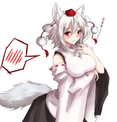 Rule 34 | 1girl, amagi (amagi626), animal ears, black shirt, blush, breast rest, breasts, embarrassed, grey hair, hair between eyes, hand up, hat, highres, inubashiri momiji, leaning forward, looking at viewer, medium breasts, pink lips, pom pom (clothes), red eyes, ribbon-trimmed sleeves, ribbon trim, shirt, short hair, simple background, sleeveless, sleeveless shirt, solo, spoken blush, tail, tokin hat, touhou, translated, turtleneck, wavy mouth, white background, white shirt, wide sleeves, wolf ears, wolf tail