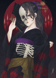 Rule 34 | 1girl, absurdres, black background, black hair, black kimono, candle, circle, closed mouth, commentary request, covering one eye, cowboy shot, floral print, flower, folding fan, hair between eyes, hair ornament, hair scrunchie, hand fan, hand up, highres, holding, holding fan, japanese clothes, kanzashi, kimono, long hair, long sleeves, looking at viewer, nail polish, obi, obiage, one eye covered, original, outside border, paper fan, ponytail, print sash, purple eyes, purple nails, purple scrunchie, red background, red flower, sash, scrunchie, seal impression, signature, skeleton print, skull, skull print, solo, spider lily, spider lily print, standing, upper body, ushiyama ame, wavy hair, wide sleeves, yellow sash