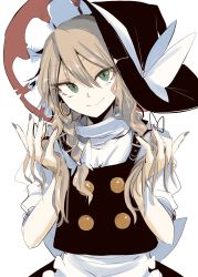 Rule 34 | 1girl, absurdres, apron, between fingers, black hat, black vest, bow, brown hair, buttons, closed mouth, double-breasted, fingernails, green eyes, grey nails, hair between eyes, hand in own hair, hands up, hat, hat bow, head tilt, highres, holding, kirisame marisa, looking at viewer, nail polish, necro (nekurodayo), puffy short sleeves, puffy sleeves, shirt, short sleeves, smile, solo, touhou, vest, waist apron, white apron, white bow, white shirt