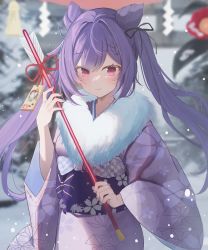 Rule 34 | 1girl, absurdres, arrow (projectile), black ribbon, blurry, blurry background, blush, chinese zodiac, closed mouth, cone hair bun, cowboy shot, depth of field, floral print, fur collar, genshin impact, hair bun, hair ribbon, hamaya, highres, holding, holding arrow, japanese clothes, keqing (genshin impact), kimono, kimu (yyhhoo23232), long hair, long sleeves, looking at viewer, obi, outdoors, pink eyes, print kimono, purple hair, purple kimono, red ribbon, ribbon, sash, smile, snowing, solo, twintails, very long hair, wide sleeves, winter, year of the tiger