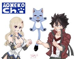 Rule 34 | 1boy, 1girl, bare shoulders, belt, black hair, black skirt, blonde hair, blue eyes, breasts, cat, cleavage, clenched hands, detached sleeves, earrings, eden&#039;s zero, grin, hair between eyes, hair ornament, hairclip, happy (eden&#039;s zero), jacket, jewelry, large breasts, long hair, necklace, pants, rebecca bluegarden, shiki granbell, shirt, short hair, simple background, skirt, sleeves rolled up, smile, spiked hair, standing, teeth