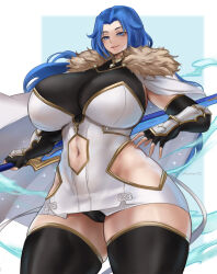 Rule 34 | 1girl, black gloves, black panties, black thighhighs, blue background, blue eyes, blue hair, border, breasts, cameltoe, cape, clothing cutout, commentary, commission, elbow gloves, fingerless gloves, fur collar, gauntlets, gloves, highres, hip vent, holding, holding weapon, large breasts, long hair, microskirt, mole, mole under eye, nastart, navel cutout, original, panties, polearm, simple background, skirt, solo, sparkle, thick thighs, thighhighs, thighs, underwear, upskirt, weapon, white border
