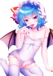 Rule 34 | 1girl, areola slip, arm support, bad id, bad pixiv id, bat wings, blue hair, fang, fang out, fingernails, flat chest, hat, hat ribbon, highres, long fingernails, looking at viewer, mob cap, nail polish, nightgown, nipples, pointing, pointing at self, red eyes, red nails, red ribbon, remilia scarlet, ribbon, short hair, simple background, sitting, smile, solo, thighhighs, tongue, tongue out, touhou, wariza, white background, white hat, white thighhighs, wings, yoimatsuri (ichimen no)