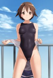 Rule 34 | 1girl, black one-piece swimsuit, brown eyes, brown hair, competition swimsuit, cowboy shot, day, highleg, highleg swimsuit, miyafuji yoshika, one-piece swimsuit, short hair, solo, strike witches, swimsuit, tkln, undressing, world witches series