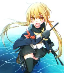 Rule 34 | 10s, 1girl, black thighhighs, blonde hair, brown footwear, crescent, crescent pin, dual wielding, fang, gun, highres, holding, holding gun, holding weapon, jacket, kantai collection, kida mochi, kidamochi, leg up, loafers, long hair, long sleeves, looking at viewer, low twintails, machinery, open mouth, satsuki (kancolle), satsuki kai ni (kancolle), school uniform, serafuku, shoes, skirt, smile, solo, thighhighs, twintails, twitter username, water, weapon, yellow eyes