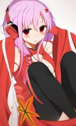 Rule 34 | 10s, 1girl, armpits, blush, center opening, detached sleeves, fingerless gloves, gloves, guilty crown, hair ornament, hairclip, headphones, highres, listening to music, long hair, pink hair, ratsuku kinoko, red eyes, sitting, smile, solo, thighhighs, twintails, yuzuriha inori