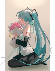 Rule 34 | 1girl, aqua hair, bare shoulders, black footwear, black pantyhose, black skirt, black sleeves, bouquet, breasts, closed mouth, denpa0304, detached sleeves, flower, full body, grey background, grey shirt, hair between eyes, hair ornament, hatsune miku, highres, holding, holding bouquet, kneeling, long hair, long sleeves, medium breasts, number tattoo, open mouth, own hands together, pantyhose, pillarboxed, pink flower, shirt, skirt, sleeveless, sleeveless shirt, smile, solo, tattoo, twintails, vocaloid