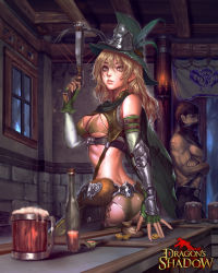 Rule 34 | 1boy, 1girl, abs, alcohol, ass, bandana, bare shoulders, beer, belt, bikini, blonde hair, bow (weapon), brown hair, candle, coin, couter, crossbow, crossed arms, cup, dimples of venus, dragon&#039;s shadow, elbow gloves, fingerless gloves, flask, gloves, hat, highres, indoors, ken (kenshjn park), lips, long hair, mug, parted lips, pouch, short hair, swimsuit, topless, vambraces, weapon, window, yellow eyes