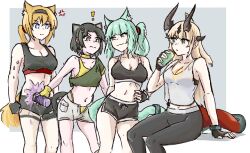 Rule 34 | !, 4girls, :3, alternate costume, anger vein, animal ears, aqua hair, arknights, astrograph21, bare arms, bare shoulders, black gloves, black hair, black hairband, black pants, black shorts, blonde hair, blue eyes, breasts, cat ears, cleavage, commentary, crop top, feet out of frame, fingerless gloves, gloves, green eyes, grey eyes, grey shorts, hairband, harmonie (arknights), horn (arknights), horns, leggings, long hair, low ponytail, mandragora (arknights), medium breasts, midriff, multiple girls, navel, open fly, pants, reed (arknights), shirt, short shorts, shorts, side ponytail, single-shoulder shirt, sitting, sports bra, standing, stomach, tank top, thighs, white tank top, wolf ears