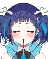 Rule 34 | 1girl, absurdres, antlers, black hair, blue hair, blush, close-up, closed eyes, cottage project, deer antlers, facing viewer, food, forehead, hanasaki mahiru, highres, horns, mashika tsuno, multicolored hair, pocky, pocky kiss, pov, shared food, short hair, solo, streaked hair, transparent background, virtual youtuber, wing collar