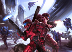 6+others armor assault_rifle assault_visor banshee_(halo) battle blue_armor blue_visor bullpup firing gun halo_(series) helmet highres isaac_hannaford jetpack knife ma5 military_vehicle multiple_others muzzle_flash official_art orange_visor power_armor red_armor reloading rifle running warthog_(halo) weapon weapon_request