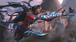 Rule 34 | 1girl, absurdres, armor, black hair, blue eyes, breasts, cloud, cloudy sky, day, extra, fighting stance, floating, floating object, floating sword, floating weapon, hair ornament, highres, irelia, knight, league of legends, long hair, medium breasts, outdoors, parted lips, qi mang (qimang), shoulder armor, sky, solo, sword, very long hair, weapon