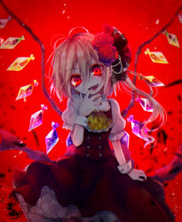 Rule 34 | 1girl, blonde hair, bracelet, dress, fang, fangs, finger to mouth, flandre scarlet, fua yuu, highres, jewelry, looking at viewer, red background, red dress, red eyes, short hair, smile, touhou, wings