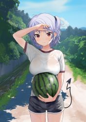 Rule 34 | 1girl, blush, breasts, day, demon tail, dirt road, dolphin shorts, female focus, food, fruit, grass, holding, holding food, holding fruit, large breasts, mountainous horizon, one side up, original, outdoors, purple hair, road, see-through, sekiya asami, shadow, short shorts, shorts, sky, smile, solo, sweat, tail, watermelon, wet, wet clothes