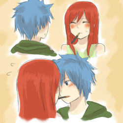 Rule 34 | 1boy, 1girl, blue hair, blush, couple, erinan, erza scarlet, closed eyes, fairy tail, flying sweatdrops, hetero, imminent kiss, jellal fernandes, long hair, mouth hold, pocky, pocky kiss, red hair, shared food, sweatdrop