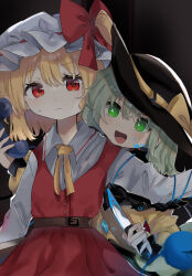 Rule 34 | 2girls, ascot, black background, black hat, blonde hair, blouse, bow, buttons, crazy eyes, crystal, diamond button, eyeball, flandre scarlet, frilled shirt collar, frilled sleeves, frills, green eyes, green hair, green skirt, hat, hat bow, hat ribbon, heart, heart of string, highres, holding, holding knife, holding phone, holding weapon, knife, komeiji koishi, mob cap, multiple girls, one side up, open mouth, phone, puffy short sleeves, puffy sleeves, ramochi, red eyes, red skirt, red vest, ribbon, shirt, short sleeves, side ponytail, skirt, skirt set, third eye, touhou, vest, weapon, white hat, wide sleeves, wings, yellow ascot, yellow bow, yellow ribbon, yellow shirt