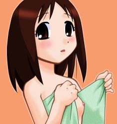 Rule 34 | 1girl, azumanga daiou, blush, brown eyes, brown hair, count zero, flat chest, kasuga ayumu, md5 mismatch, naked towel, nipples, open towel, resolution mismatch, simple background, solo, source smaller, towel, upper body