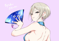 Rule 34 | 1girl, :3, alternate breast size, black eyes, blue nails, breasts, character name, closed mouth, earrings, grey hair, hair between eyes, hamao, hand fan, holding, holding fan, idolmaster, idolmaster cinderella girls, jewelry, looking at viewer, medium breasts, nail polish, pink background, shiomi syuko, short hair, shoulder blades, sideboob, simple background, solo, upper body