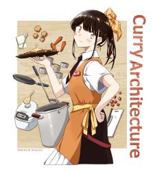 Rule 34 | 1girl, any (lucky denver mint), apron, black hair, blush, brown eyes, brown necktie, brown ribbon, brown skirt, c2 kikan, carrot, collared shirt, curry, curry rice, cutting board, food, from side, frying pan, hair ribbon, hand on own hip, head tilt, highres, holding, holding plate, japanese flag, knife, looking at viewer, looking to the side, name tag, necktie, orange apron, plate, ponytail, pork, pot, re-ka-chan, ribbon, rice, rice cooker, shirt, sidelocks, skirt, smile, solo, white shirt