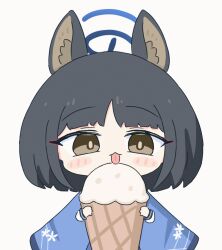 Rule 34 | 1girl, animal ear fluff, animal ears, animated, animated gif, black hair, blinking, blue archive, blue halo, blush stickers, brown eyes, brown pupils, cat ears, chibi, closed eyes, commentary request, ear wiggle, eating, food, halo, haori, ice cream, japanese clothes, kikyou (blue archive), long sleeves, looking at viewer, medium hair, oversized food, oversized object, school uniform, short hair, solo, tongue, tongue out, umihio