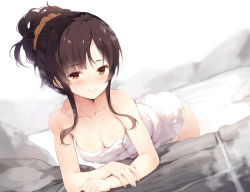 Rule 34 | 1girl, bare arms, bare shoulders, bent over, blush, breasts, brown eyes, brown hair, cleavage, closed mouth, collarbone, commentary request, dutch angle, hair ornament, hair scrunchie, long hair, looking at viewer, naked towel, onsen, orange scrunchie, original, ponytail, scrunchie, senji (tegone spike), sidelocks, small breasts, smile, solo, stone, towel, water