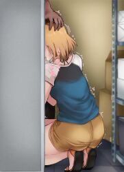 Rule 34 | 1boy, 1girl, absurdres, ass, blonde hair, blue shirt, brown hair, commentary request, from behind, hand on another&#039;s head, hetero, highres, implied fellatio, indoors, miyamori aoi, multicolored hair, paid reward available, roots (hair), sandals, shirobako, shirt, short hair, short sleeves, skirt, solo focus, squatting, storage room, tahita1874, tiptoes, tongue, tongue out, trembling, two-tone shirt, white shirt, yellow skirt