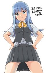 Rule 34 | 1girl, blue eyes, blue hair, blue panties, blunt bangs, bow, bowtie, breasts, commentary request, dress shirt, from below, grey skirt, grey vest, hands on own hips, hatsukaze (kancolle), hime cut, kantai collection, medium breasts, monsuu (hoffman), panties, pantyshot, pleated skirt, school swimsuit, shirt, simple background, skirt, solo, swimsuit, underwear, vest, white background, white shirt, yellow bow, yellow bowtie