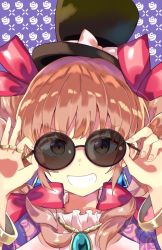 Rule 34 | 1girl, adjusting eyewear, bad id, bad pixiv id, bangle, black hat, bow, bracelet, brown hair, close-up, grin, hair ribbon, hat, hat bow, jewelry, looking at viewer, necklace, portrait, purple background, red ribbon, ribbon, ring, smile, solo, sunglasses, teeth, to-den (v-rinmiku), top hat, touhou, white bow, yorigami jo&#039;on