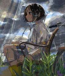 Rule 34 | 1girl, amamoto air, bench, bicycle, black hair, blue shorts, boots, cloud, cloudy sky, coat, floral print, floral print coat, grass, highres, looking to the side, on bench, original, outdoors, profile, rain, red eyes, road, rubber boots, see-through, see-through coat, shirt, short hair, shorts, sitting, sky, solo, transparent raincoat, water drop, white shirt, yellow footwear