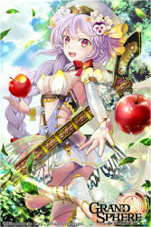 Rule 34 | 1girl, apple, ass, blue sky, blush, bow, braid, breasts, butt crack, cloud, company name, copyright name, cowboy shot, day, detached sleeves, dress, feet, flower, food, fruit, grand sphere, gun, hair flower, hair ornament, hat, kuroi nyan, leaf, leg up, long hair, looking at viewer, looking back, medium breasts, multicolored eyes, no shoes, official art, open mouth, original, outstretched hand, red bow, red eyes, silver hair, single braid, sky, soles, solo, sparkle, strap, tree, very long hair, weapon