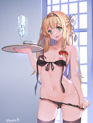 Rule 34 | 1girl, absurdres, atelier (series), atelier ryza, atelier ryza 1, bare arms, bare shoulders, black bra, black panties, black thighhighs, blonde hair, blush, bra, braid, breasts, brown hair, collarbone, commentary, cowboy shot, english commentary, front-tie top, green eyes, groin, hair ribbon, hairband, hand up, highres, holding, holding tray, klaudia valentz, legs apart, long hair, looking at viewer, medium breasts, navel, nipples, open mouth, panties, panty pull, pointy ears, pulling own clothes, pussy, pussy peek, ribbon, side braid, skindentation, smile, solo, standing, stomach, thighhighs, tray, underwear, underwear only, vierzeck