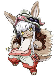 Rule 34 | 1girl, :3, animal ears, check commentary, commentary request, donoteat, ears through headwear, fang, furry, furry female, helmet, made in abyss, nanachi (made in abyss), open mouth, pants, solo, tail, whiskers, white background, white hair, yellow eyes