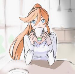 Rule 34 | 1girl, ace attorney, alternate costume, alternate hairstyle, athena cykes, blue eyes, blurry, blurry background, cup, gumi (gelatin), hair between eyes, holding, holding cup, indoors, jewelry, long hair, long sleeves, looking at viewer, necklace, orange hair, plate, ponytail, shirt, solo, table, upper body, very long hair, white shirt