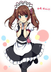 Rule 34 | 10s, 1boy, :&gt;, apron, blue eyes, blush, brown hair, crossdressing, double v, dress, idolmaster, idolmaster side-m, long hair, looking at viewer, maid headdress, male focus, mizushima saki, open mouth, smile, solo, tottoto tomekichi, trap, twintails, v