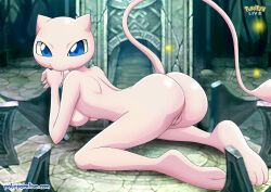 Rule 34 | bbmbbf, blue eyes, breasts, colored skin, creatures (company), game freak, gen 1 pokemon, hands on chin, highres, humanization, legendary pokemon, long tail, looking at viewer, mew (pokemon), mythical pokemon, nintendo, palcomix, pink fur, pink skin, pokemon, pokepornlive, showing off butt, tail