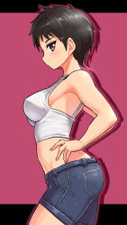 Rule 34 | 1girl, black eyes, black hair, blue shorts, breasts, camisole, closed mouth, commentary, cougar (cougar1404), cowboy shot, denim, denim shorts, english commentary, from side, hands on own hips, letterboxed, light blush, looking at viewer, medium breasts, midriff, original, purple background, shadow, short hair, short shorts, shorts, solo, standing, white camisole