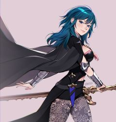 Rule 34 | 1girl, artist name, belt, black belt, black cape, black pantyhose, black shorts, blue eyes, blue hair, breasts, byleth (female) (fire emblem), byleth (fire emblem), cape, closed mouth, clothing cutout, dagger, fire emblem, fire emblem: three houses, highres, holding, holding sword, holding weapon, knife, lavelis, lips, long hair, looking at viewer, medium breasts, navel, navel cutout, nintendo, pantyhose, pantyhose under shorts, sheath, sheathed, short shorts, shorts, simple background, smile, solo, sword, sword of the creator, weapon