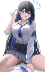 Rule 34 | 1boy, 1girl, black hair, black skirt, blue archive, blue eyes, blue halo, blue necktie, blush, breasts, collared shirt, colored inner hair, giga-tera, girl on top, glasses, halo, highres, large breasts, long hair, long sleeves, multicolored hair, nail polish, necktie, open mouth, pleated skirt, pointy ears, rin (blue archive), shirt, simple background, skirt, white background, white shirt