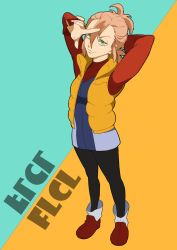 1girl black_pants copyright_name flcl flcl_alternative full_body hand_in_own_hair haruhara_haruko highres looking_at_viewer orange_vest pants ponytail red_footwear regain short_hair smile solo two-tone_background two-tone_shirt vest yellow_eyes