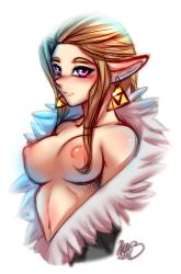 Rule 34 | 1girl, artist name, blush, breasts, breasts out, brown hair, earrings, female focus, inuki, jewelry, looking at viewer, nintendo, open clothes, pointy ears, princess zelda, puffy nipples, purple eyes, solo, the legend of zelda, upper body, white background