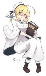 Rule 34 | 1girl, absurdres, ahoge, alternate costume, beret, black pantyhose, blonde hair, book, boots, breasts, brown footwear, capelet, dress, full body, fur-trimmed boots, fur trim, glasses, gloves, hair ribbon, hat, highres, holding, holding book, i-8 (kancolle), kantai collection, long hair, low twintails, ma rukan, pantyhose, red-framed eyewear, ribbon, sidelocks, signature, simple background, smile, solo, twintails, white background, white dress, white gloves, white hat