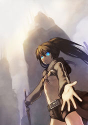 Rule 34 | 10s, 1girl, beckoning, belt, bikini, bikini top only, black hair, black rock shooter, black rock shooter (character), blue eyes, breasts, coat, flat chest, from below, glowing, glowing eye, glowing eyes, hood, kunieda, light, looking at viewer, midriff, outstretched arm, outstretched hand, reaching, scar, shorts, solo, swimsuit, sword, twintails, underboob, uneven twintails, weapon, zipper