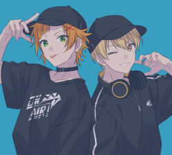Rule 34 | 2boys, :p, back-to-back, black choker, black headwear, black shirt, blonde hair, blue background, choker, commentary request, dog tags, green eyes, grin, hands up, hat, headphones, headphones around neck, highres, jewelry, kichijo nanao, long sleeves, looking at viewer, male focus, multiple boys, on air!, one eye closed, orange hair, ring, sekina, shirt, short hair, simple background, smile, t-shirt, tachibana ota, tongue, tongue out, upper body, yellow eyes