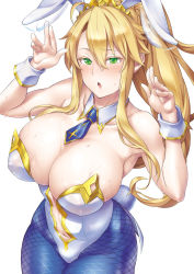 1girl ahoge animal_ears artoria_pendragon_(fate) artoria_pendragon_(swimsuit_ruler)_(fate) artoria_pendragon_(swimsuit_ruler)_(first_ascension)_(fate) bare_shoulders blonde_hair blue_necktie blue_pantyhose blush braid breasts cleavage clothing_cutout collarbone detached_collar fake_animal_ears fate/grand_order fate_(series) female_focus fishnet_pantyhose fishnets french_braid green_eyes hair_between_eyes hands_up large_breasts leotard long_hair looking_at_viewer navel navel_cutout necktie open_mouth pantyhose playboy_bunny ponytail rabbit_ears rabbit_tail sidelocks simple_background soba_(saz) solo tail tiara white_leotard wrist_cuffs