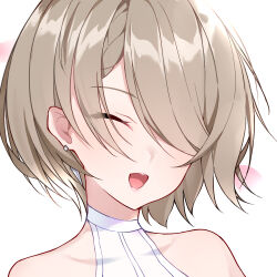 Rule 34 | 1girl, :d, absurdres, bare shoulders, brown hair, chinese commentary, close-up, closed eyes, commentary, earrings, evzeva, hair over one eye, highres, honkai (series), honkai impact 3rd, jewelry, open mouth, portrait, rita rossweisse, short hair, simple background, smile, solo, teeth, white background
